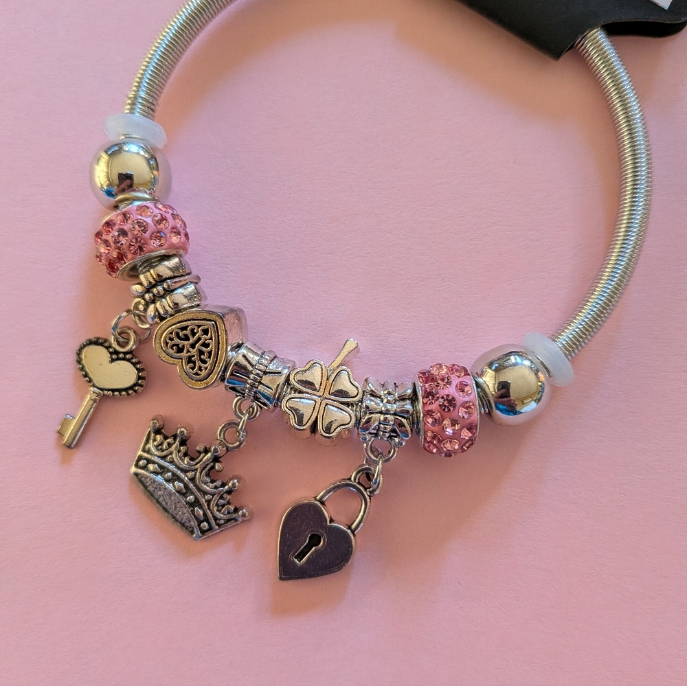 Stretch Silver Metal and Pink Charm Bracelet Kingdom Hearts Key Crown Heart